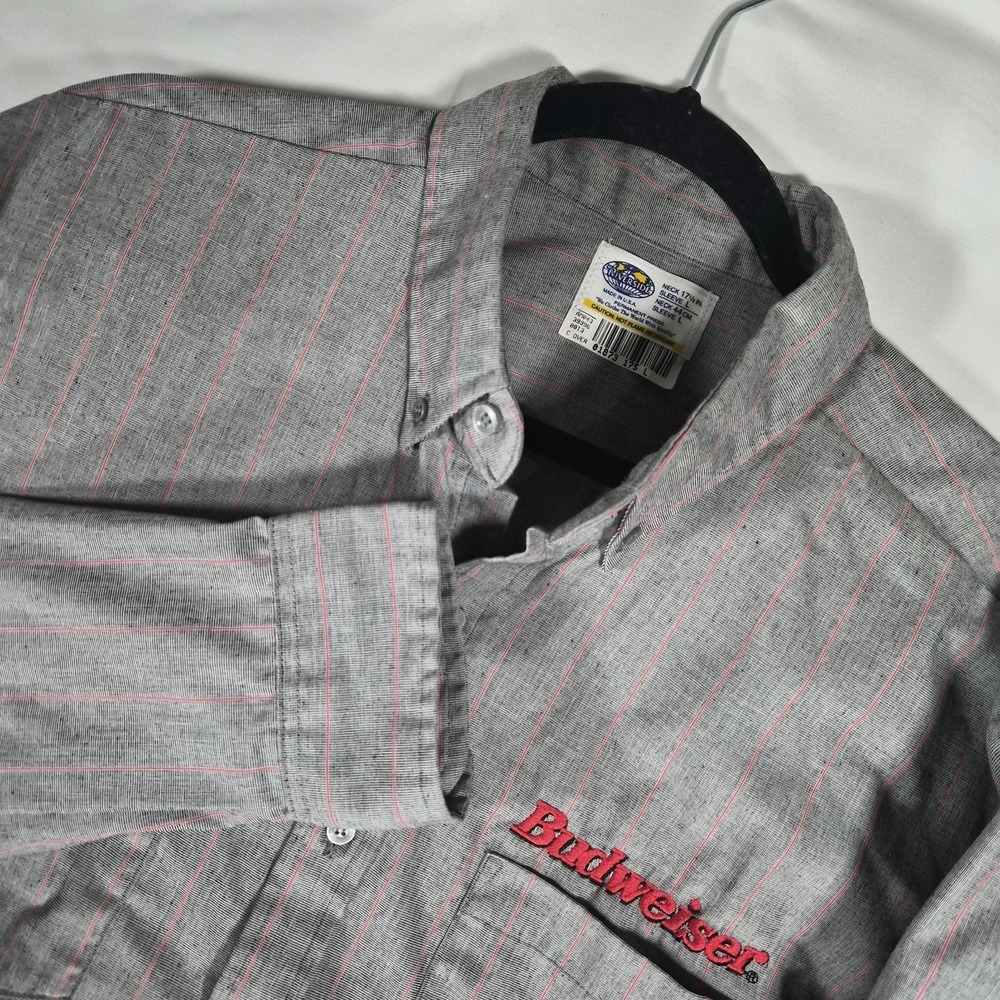 Vintage Y2K Budweiser Brewery Workwear Button Up Shirt Gray Pink Pinstripe...